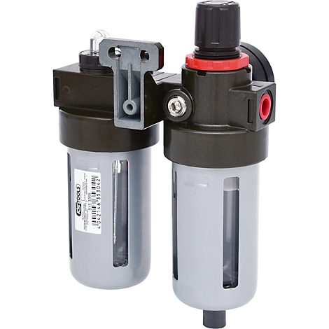 Ein Luftfilter-Regler-Kombination aus Kunststoff und Metall. Zwei transparente Behälter, verbunden durch ein schwarzes Gehäuse, sind mit einem Drehknopf gekrönt.